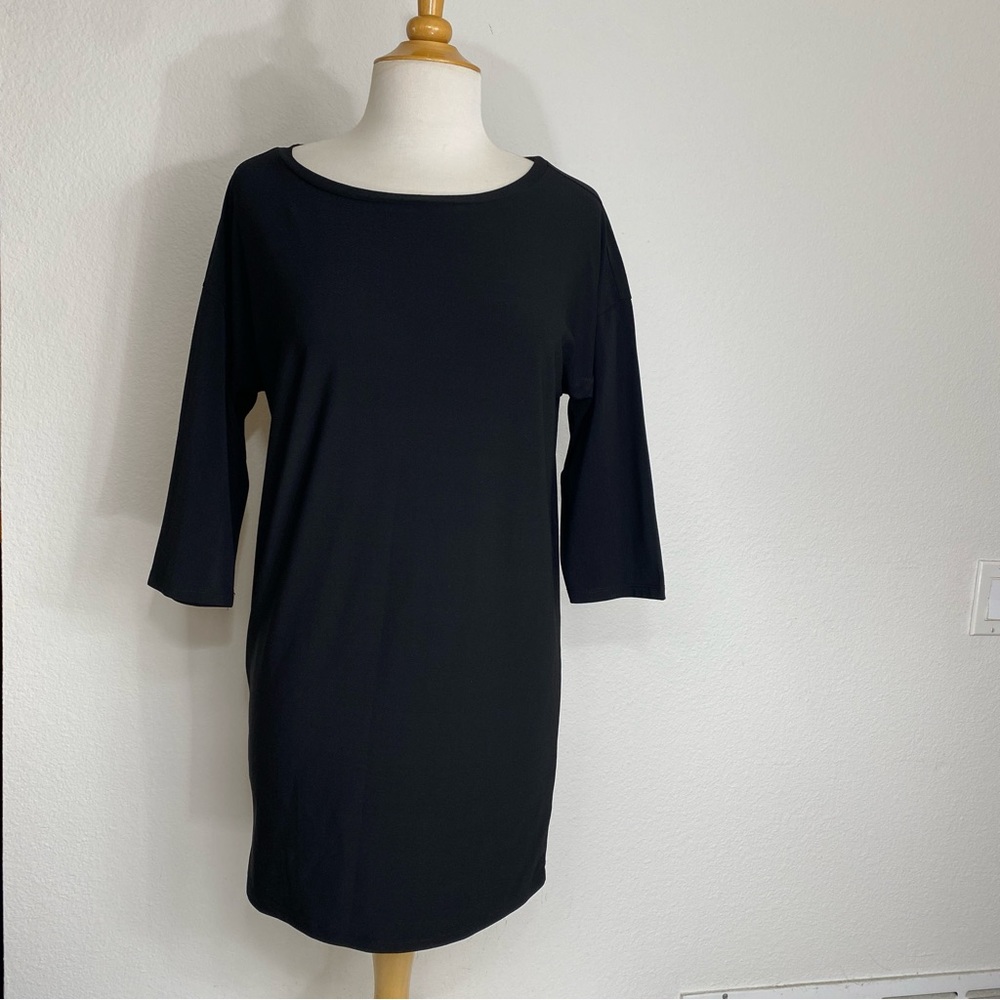 Leith Women's Black Crew Neck 3/4 Sleeve Stretch Shift Mini Dress Size XS Casual